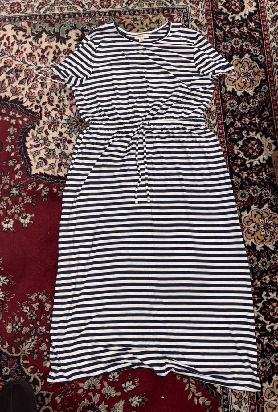 Style & Co Maxi Dress Size PXL Blue White Striped T-Shirt Drawstring